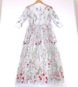 Women’s Embroidered Mesh Dress Floral Sheer Overlay Boho Cottage Midi Dollette S - Picture 1 of 13