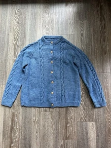 VTG Handstrick 100% Wolle Zopfstrick Blau Button-Up Pullover Gr. L Classic Retro 90er Jahre - Bild 1 von 7
