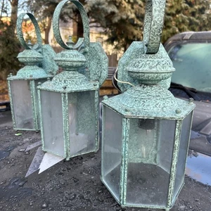 SET OF 3 Vtg Metal Outdoor Lantern Wall Sconces Bubble Glass Panels 16x7x7 - Picture 1 of 14