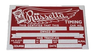 Vintage style RUSSETTA Timing Tag Hot Rod Dry Lakes RACING Ford Flathead V8 RTA - Foto 1 di 3