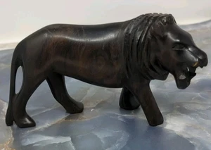 Vintage Hand Carved 5 1/2x3 In Black Wooden African Lion Roaring Figurine - Picture 1 of 24