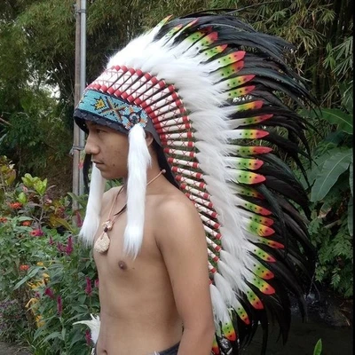 Disfraz Hecho a Mano Cosplay Jefe Pluma Blanca Warbonnet Tocado Sombrero Indio Foto 1 de 4
