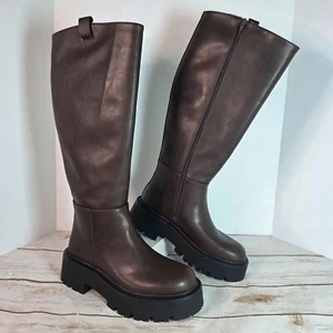 Madden Girl Croww Plateau Lug Sole Kniehohe Stiefel 7,5 M Braun Kunstleder Weiß - Bild 1 von 16