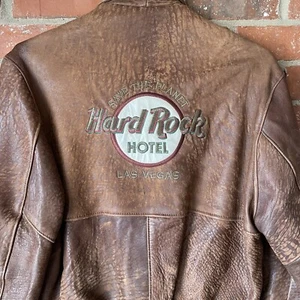 Giacca vintage Hard Rock Hotel Las Vegas Save The Planet in pelle marrone taglia M - Foto 1 di 12