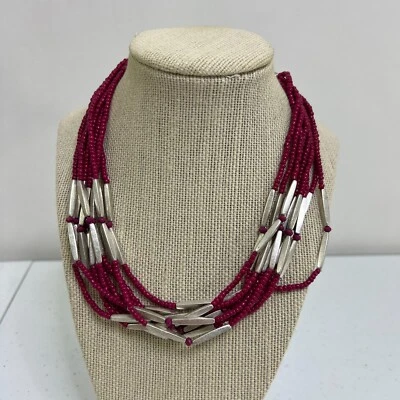 Premier Designs Necklace Berry Bright Beaded Silver Tone Pink Multi Strand Layer - Image 1 of 4