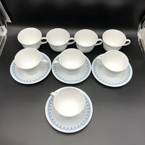 Vintage Corelle by Corning Snowflake Blue Garland Flat Cup & Saucer Set of 12 - Picture 1 of 9