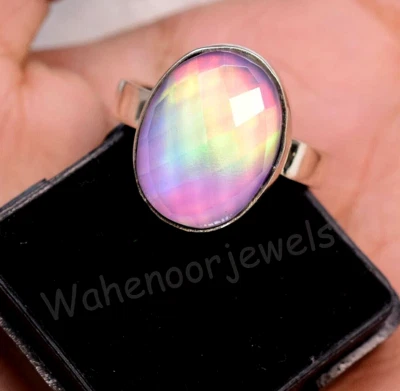 925 Argento Sterling Anello Regolabile Aurora Opale Checker Ovale 16x12mm Bello - Immagine 1 di 4