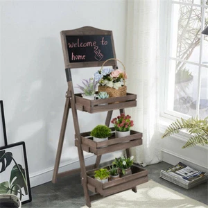 Folding Ladder 3 Tier Plant Stand Garden Flower Pot Holder Shelf with Chalkboard - Picture 1 of 12