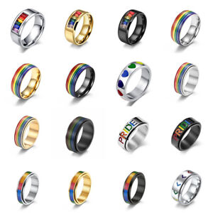 Rainbow Pride Rings Stainless Steel Men Women Couple Lesbian Gay Promise Jewelry
