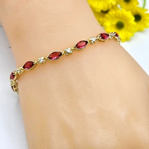 14K Gold Plated Flowers Chain Garnet CZ Bracelet. Fashion Luxury Elegant Jewelry - Picture 1 of 5