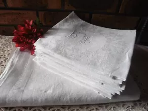 OLD TABLECLOTH + 10 WHITE LINEN DAMASK TOWELS "BP" HAND HEMS - Picture 1 of 6