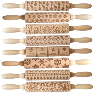 Christmas Embossing Rolling Pin Engraved Elk Baking Cookies Cake Roller Xmas USA - Picture 1 of 17