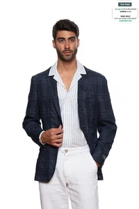 1980$ BELVEST Dark Blue Windowpane Wool Linen Jacket Blazer 40 US / 50 EU 7R - Picture 1 of 7