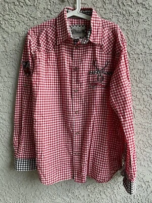 Alpin De Luxe Men’s Casual Red Black Check Embroidery Shirt Sz L # 1542 - Image 1 of 4