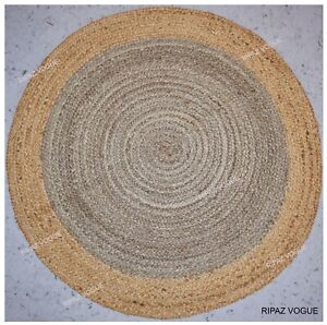 Round rug natural jute hand braided farmhouse jute area rug grey + beige