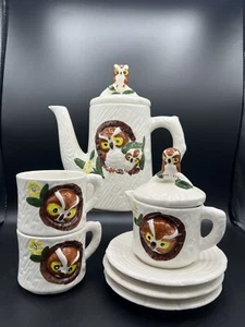 VINTAGE Hand painted “Tea for Two" Owl Teapot Cup Stackable Set  Sugar/cream - Picture 1 of 15