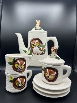 VINTAGE Hand painted “Tea for Two" Owl Teapot Cup Stackable Set  Sugar/cream - Image 1 of 4