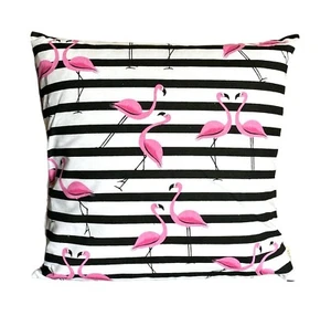 622. Cubierta Cojín Hecha a Mano FLAMINGOS A RAYAS NEGRAS 100% Algodón Varios Tamaños - Imagen 1 de 2