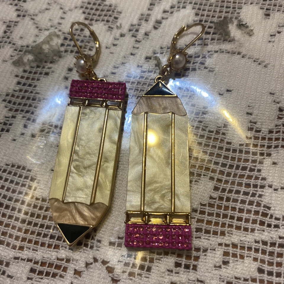 Betsey Johnson Mismatched Pencil Drop Earrings w/Glass Stones & Faux Pearls  - Image 1 of 1