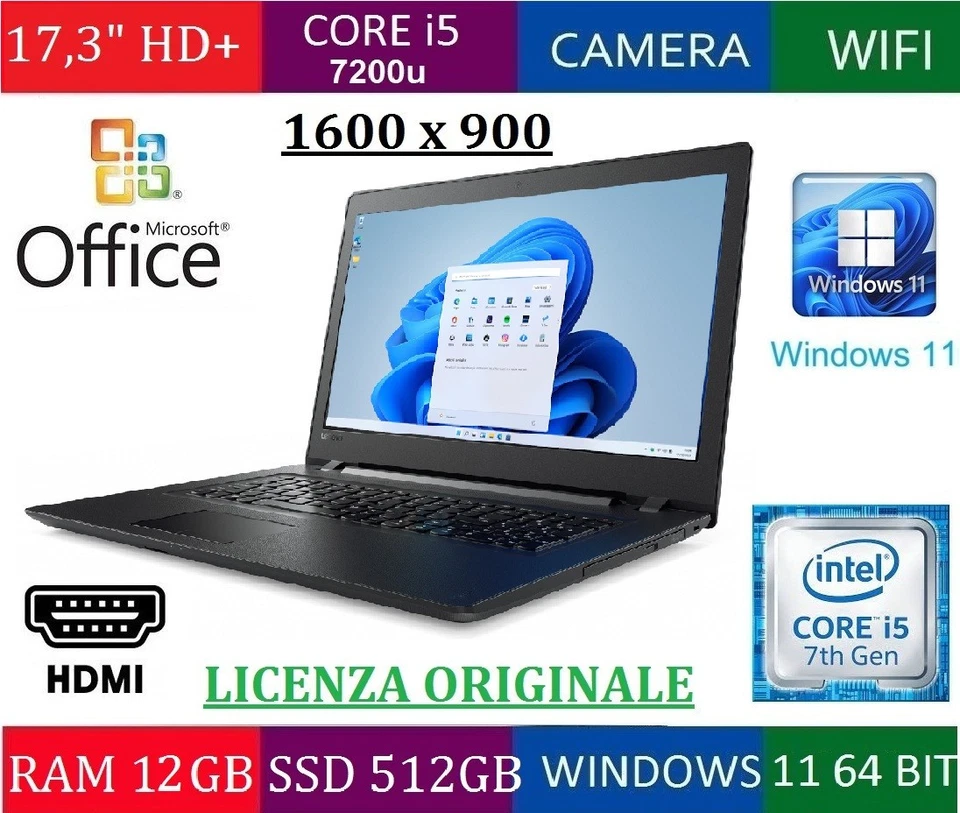 17,3" HD+ CORE I5 7200u RAM 12GB DDR4 SSD 512GB SCONTO NOTEBOOK LENOVO 17IKB PC - Immagine 1 di 1