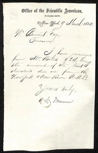 Carta de confirmación de recibo Scientific American 1864 Hartford & New Haven RR/Scientific American - Imagen 1 de 2