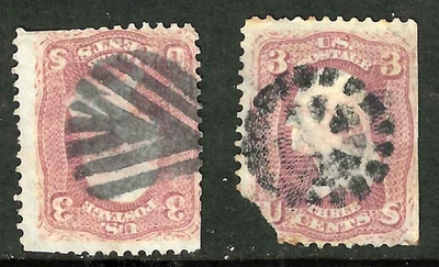 Sc #65 x 2 Geometric Fancy Cancel 3 Cent Washington 1861-1862 Civil War US 40B56 - Image 1 of 3