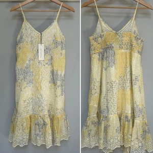 Rachel Zoe Sleeveless A Line Ruffle Dress Size M Yellow Eyelet Smocked NWT - Picture 1 of 15