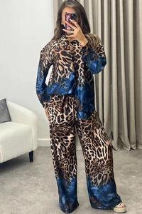 Conjunto de Camisa y Pantalón Estampado de Leopardo Azul Satinado Talla Única 8 10 12 14 16 Conjunto - Imagen 1 de 7