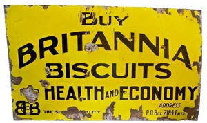 Insegna Smaltata Porcellana Biscotti Britannia Vintage 30x18” Rara Pubblicità Indiana - Foto 1 di 3