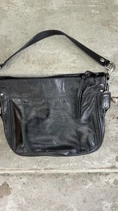 Große Coach Handtasche, schwarz Leder lila Satin Tasche Designer Vintage genarbt weich - Bild 1 von 7