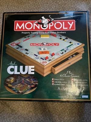 Monopoly & Clue + 6 Classic Games In Wood Cabinet Complete EXCELLENT CONDITION - Image 1 of 4