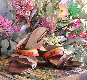 ADRIENNE VITTADINI Leather Designer Tan Bright Tribal Wood Heels AU8 EU39 EUC - Picture 1 of 24