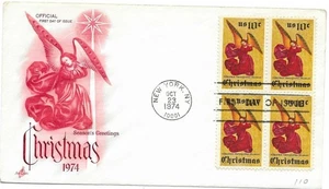 1974 CHRISTMAS ANGEL BLOCK OF 4 STAMPS ARTCRAFT FIRST DAY OF ISSUE - Picture 1 of 1