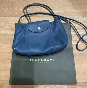 Longchamp Le Pliage Cuir Mini Shoulder Bag Blue Adjustable Strap Rare Authentic - Picture 1 of 7