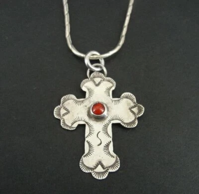 Collar JB Platero Cruz Plata Coral Vintage Esterlina 925 Colgante Cadena  Foto 1 de 4