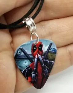 Deadpool Guitar Pick Necklace on Black Suede Cord - Picture 1 of 2
