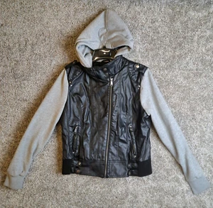 0827 - Boy Meets Girl XL Black Faux Leather Gray Sweater Hooded Zip Up Jacket - Picture 1 of 19