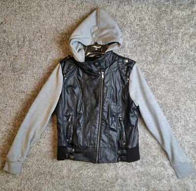 0827 - Boy Meets Girl XL Negro Imitación Cuero Gris Suéter Chaqueta con Capucha Cremallera Foto 1 de 4