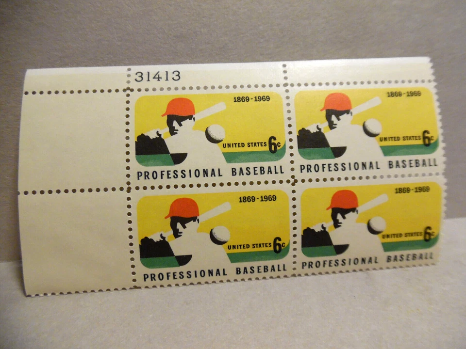 SCOTT STAMP # 1381 BASEBALL 6 CENT PLATE BLOCK - MNH - Image 1 of 1