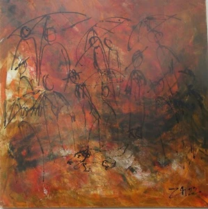 Herbstwelt Menschen mit Hund und Schirmen xl -Öl/LW Sonja Zeltner-Müller 80x80cm - Bild 1 von 9