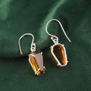 Citrine Coffin Gemstone 925 Silver Handmade Dangle Women Earrings Jewelry M022 - Picture 1 of 3