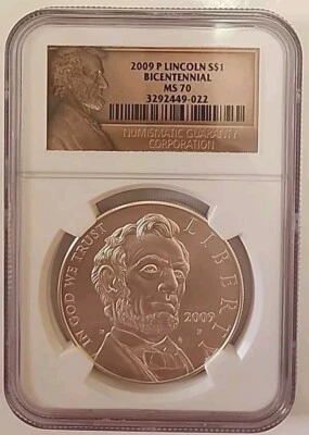 2009 P Abraham Lincoln Bicentenial Commemorative Silver Dollar - NGC MS 70 - Image 1 of 2