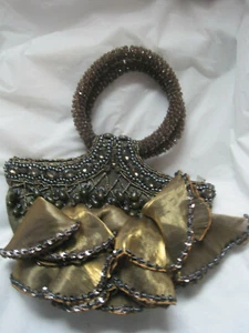 $$~Brown Satin Beaded Ruffle Handbag Purse~LBDWN - Picture 1 of 7