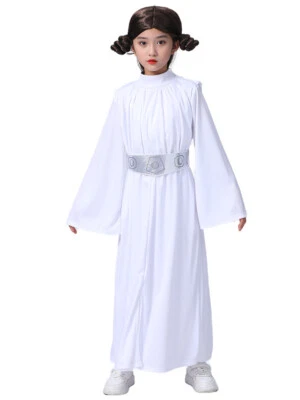 Kids Princess Leia Cosplay Costume Girls Clothes White Dress Wig Full Set - Image 1 of 4