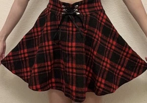 Red and black plaid skirt with lace up detail, Hipster Skirt, Alternative Skirt - Picture 1 of 5