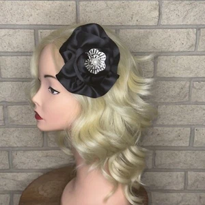Ooak Taissa Lada Black Satin Hair Clip With Vintage Flower Rhinestone Broach - Picture 1 of 7