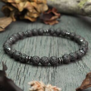 6MM Natural Volcanic Lava Black Beads Elastic Bracelets For Men Women Jewelry
