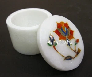 Trinket Box Inlaid with Carnelian Stone White Marble Paper Pin Box 2.5 Inches - Picture 1 of 4