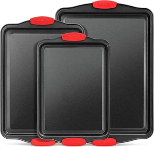 Baking Pan Set – 3 Piece Cookie Sheet – Deluxe Black Non-Stick Carbon Steel – Si - Picture 1 of 12