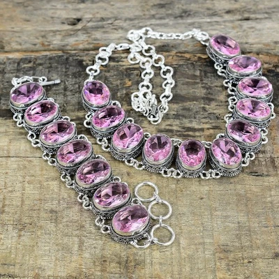 Set Di Collana E Bracciale In Argento Sterling 925 Con Gemma Kunzite Rosa - Immagine 1 di 4